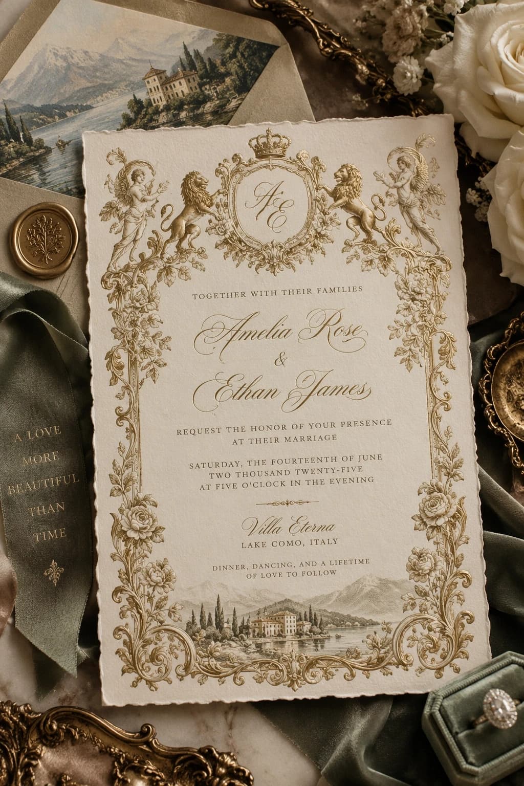 Exemple OpenAI : invitation de mariage crème et or avec bordures et lac illustré