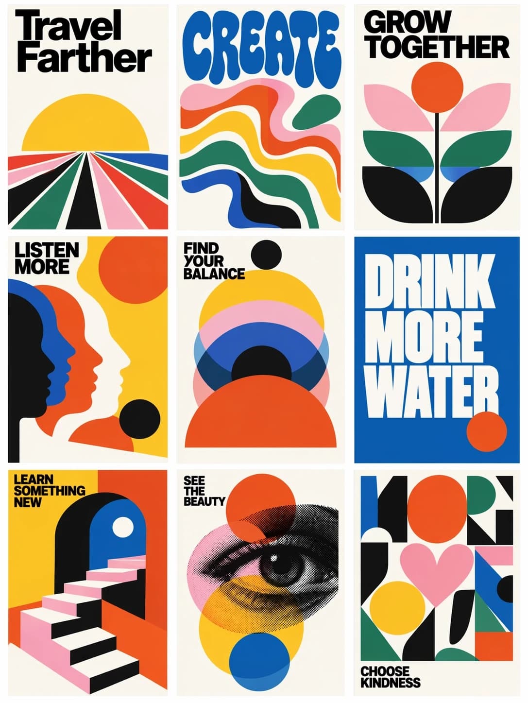 Exemple OpenAI : neuf affiches géométriques colorées avec lettres fortes et illustrations