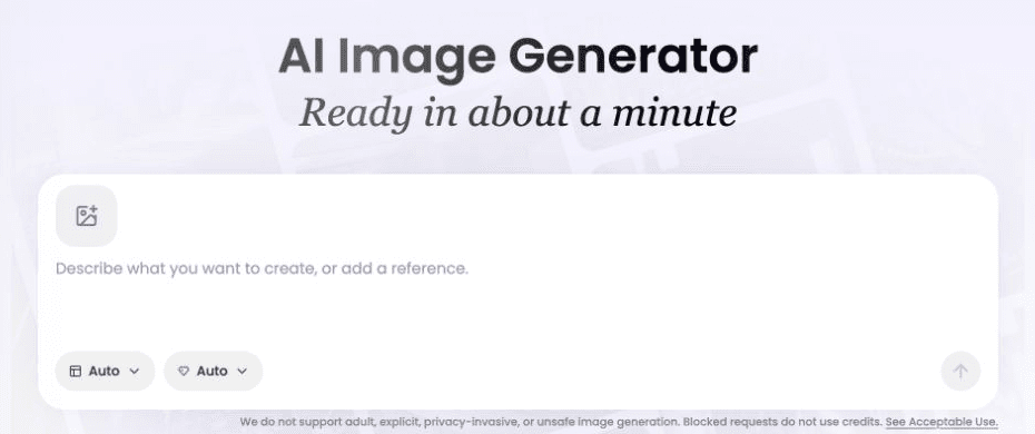 Créateur d’images Vismuse avec import, prompt, ratio, résolution et flèche de génération