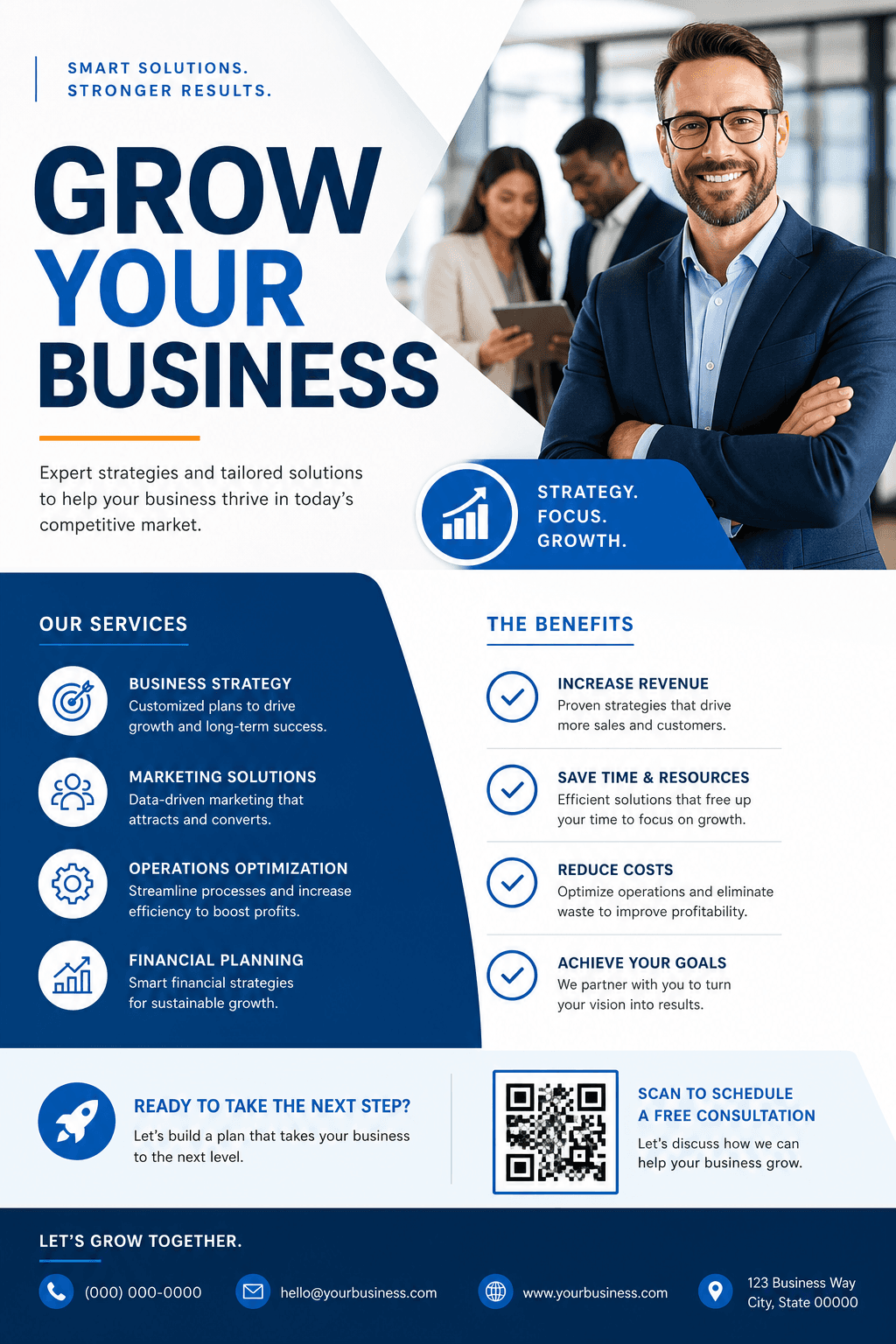 Professional business flyer with services and contact details