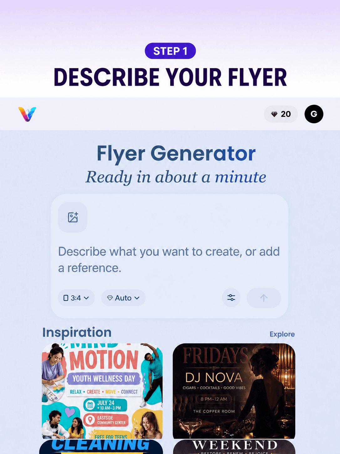 Vismuse AI flyer prompt field and inspiration gallery displayed on a mobile device