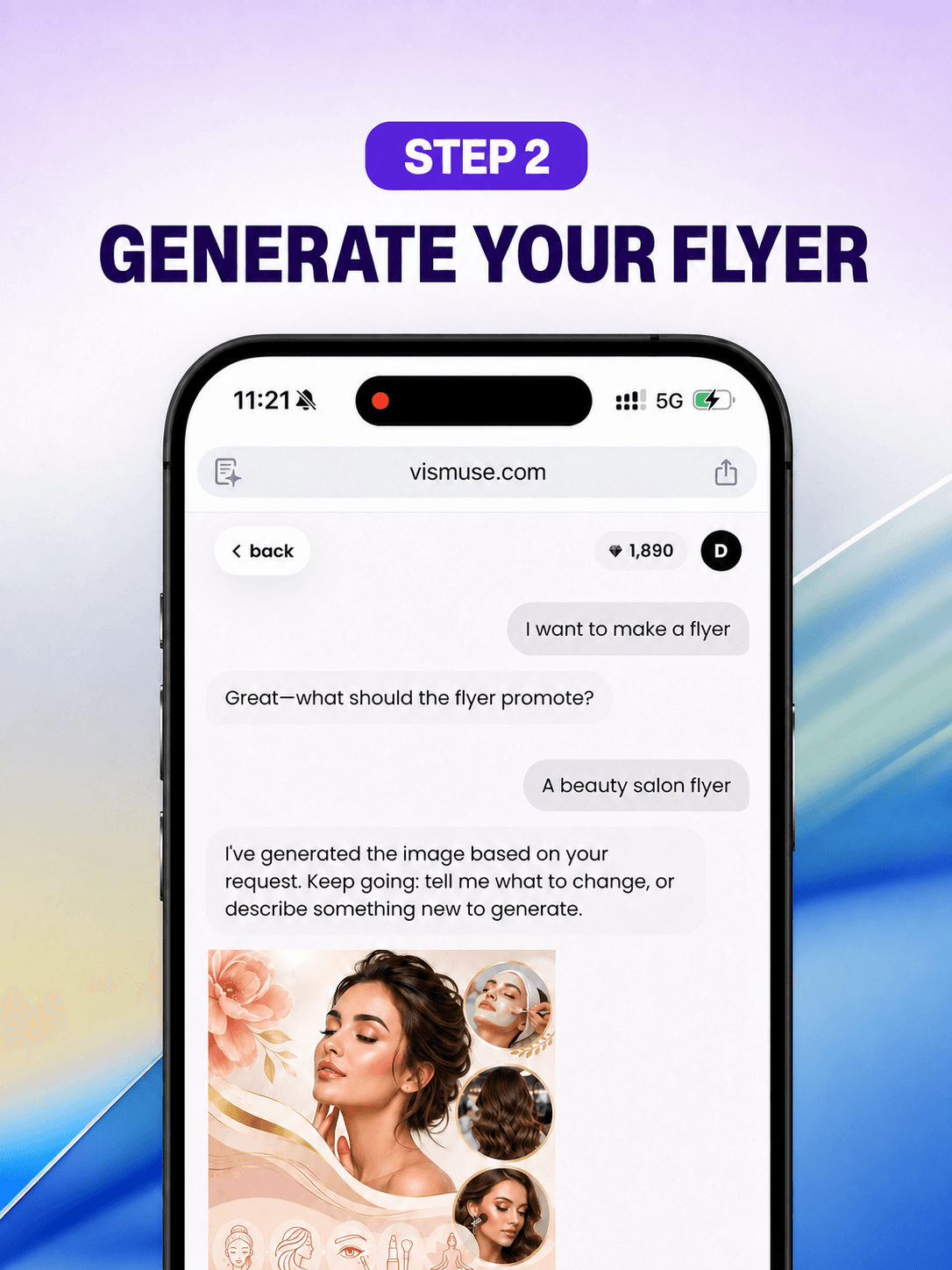 AI-generated beauty salon flyer shown in the Vismuse chat workflow on a phone