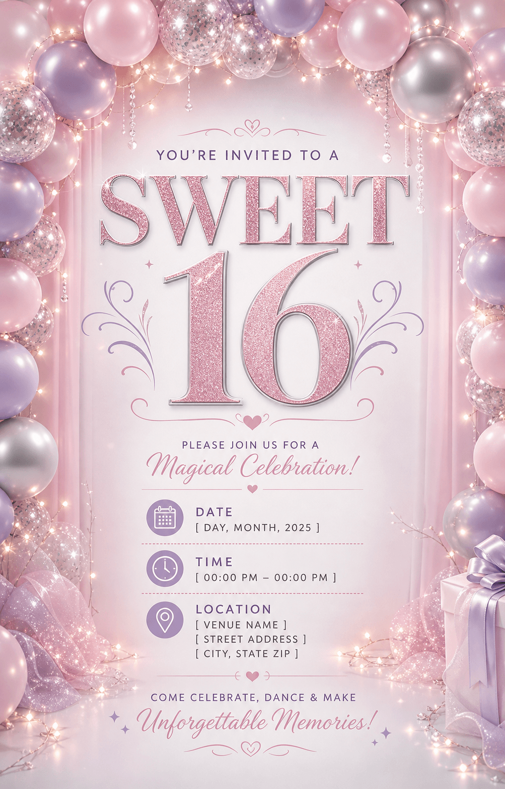 Flyer rosa para una fiesta de 16 años con fecha, hora, lugar y datos de invitación