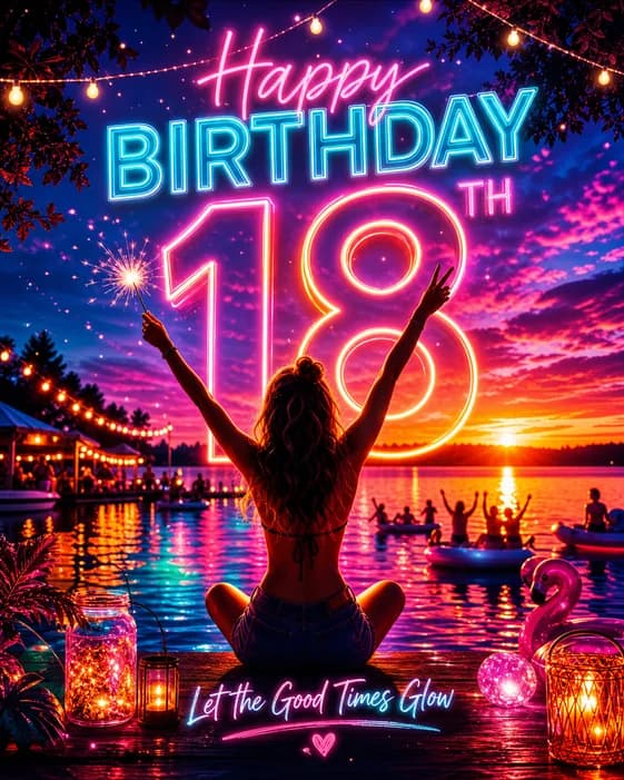 Cartel neón de 18.º cumpleaños con una edad grande y una escena festiva