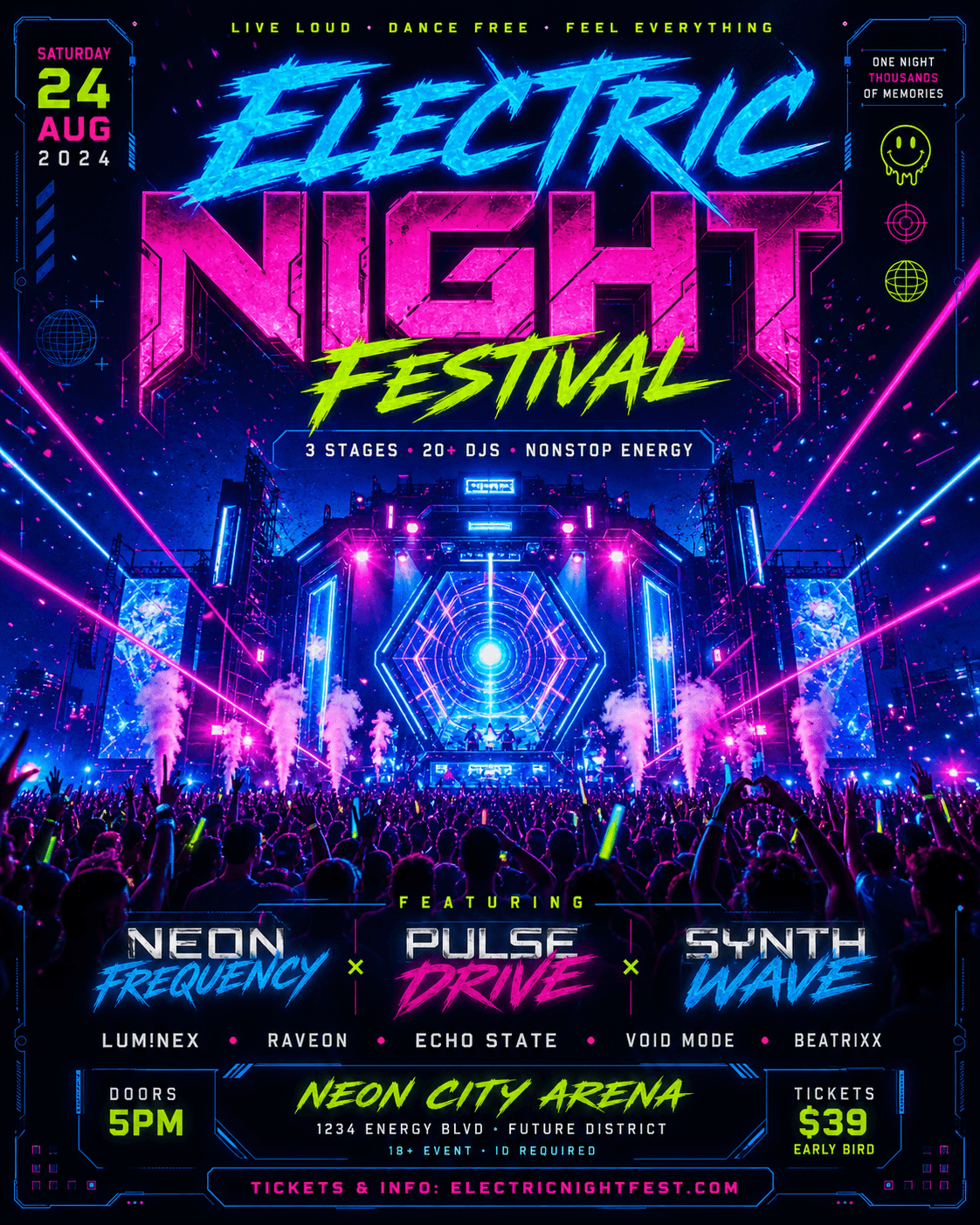 Flyer do Electric Night Festival com título do evento, data e detalhes dos ingressos em destaque