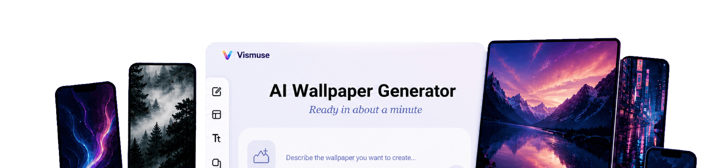 Vismuse AI Wallpaper Generator workspace surrounded by phone lock screens and desktop background examples