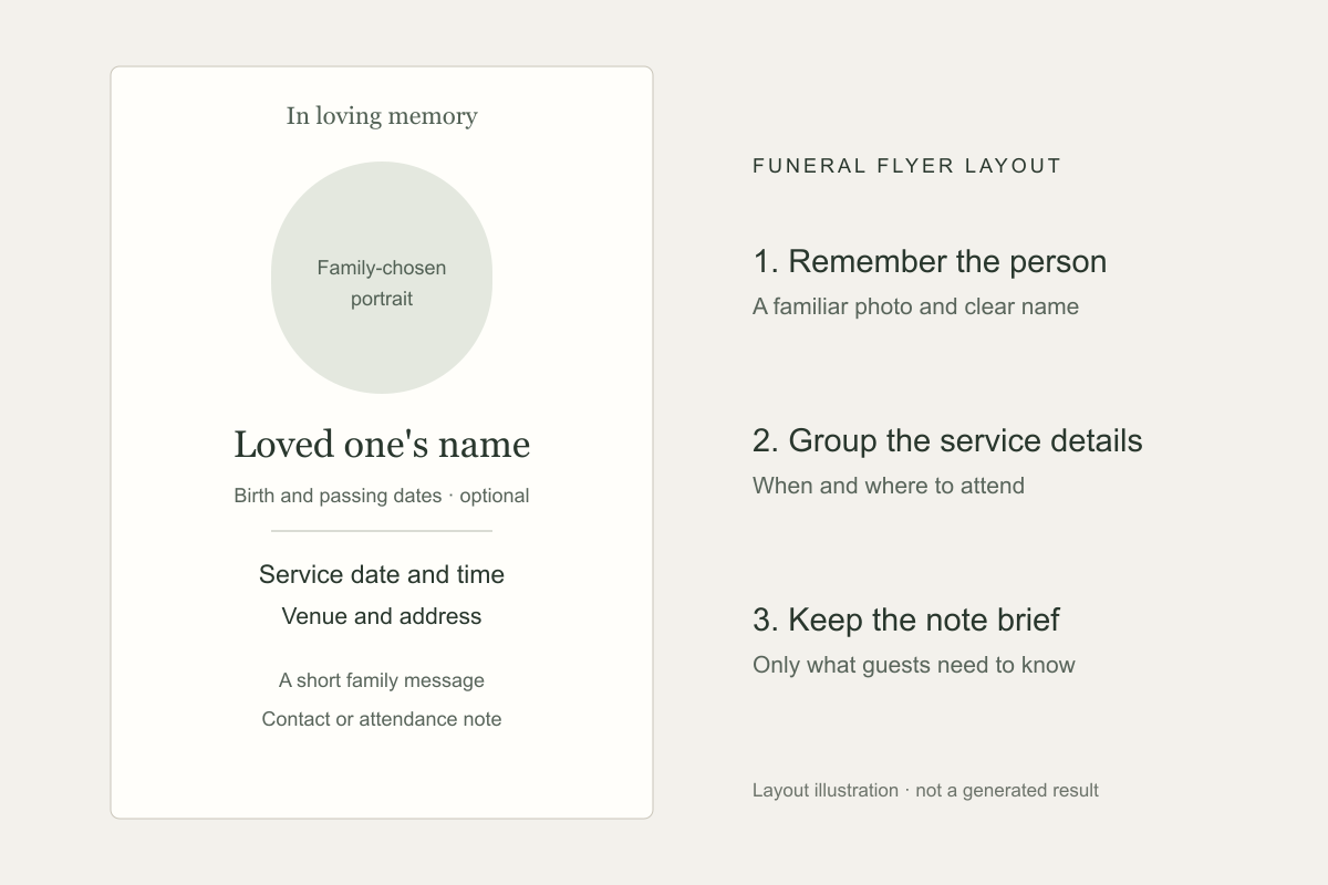 Funeral flyer layout illustration showing a portrait area, name, service details, and short family message